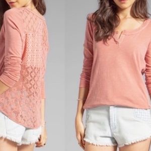 Free People Pink Patch Lace Henley Top